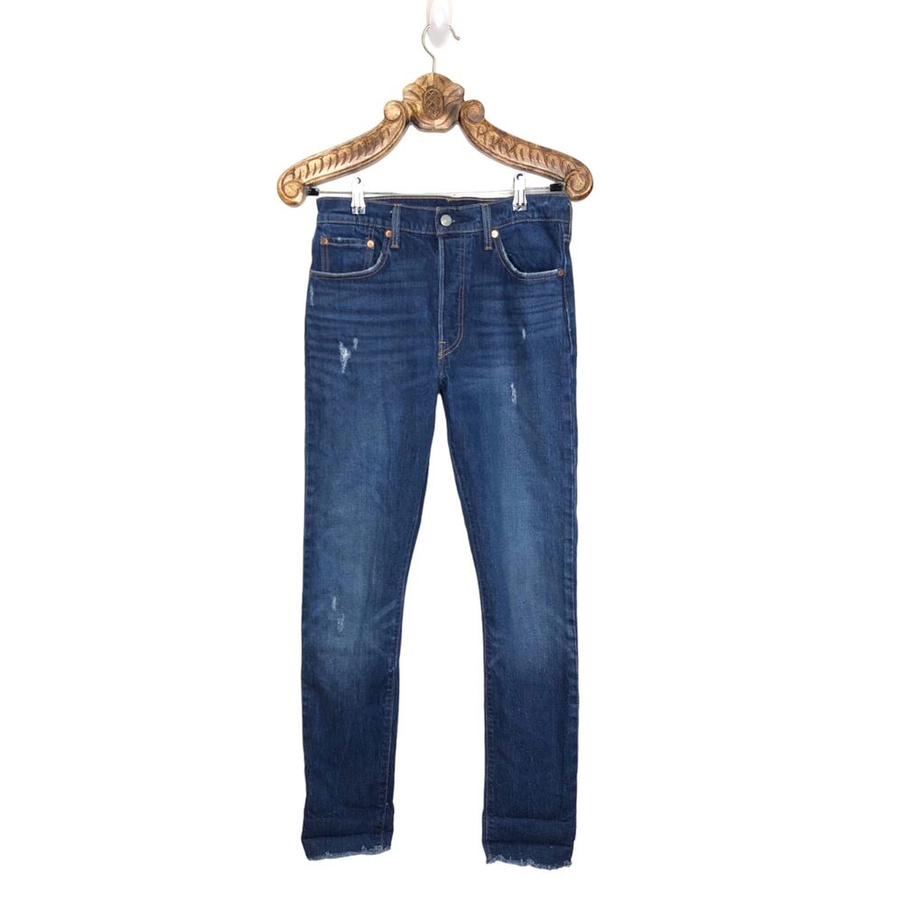 Levi 501 Jeans Button Fly Raw Hem Distressing Straight Leg High Rise Blue 28